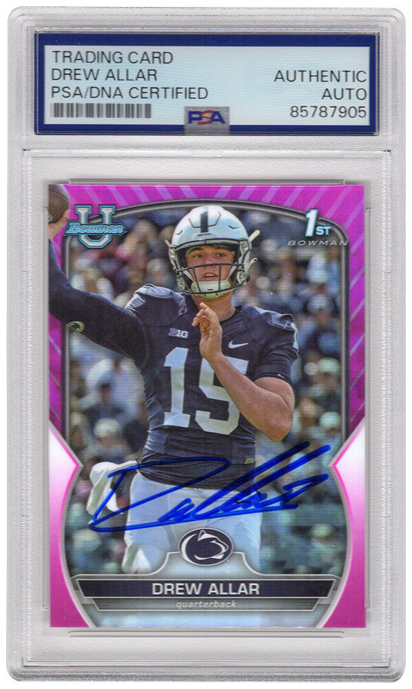 Drew Allar Signed Penn State 2022 Bowman University Pink Refractor Chrome Football Card #59 - (PSA Encapsulated)