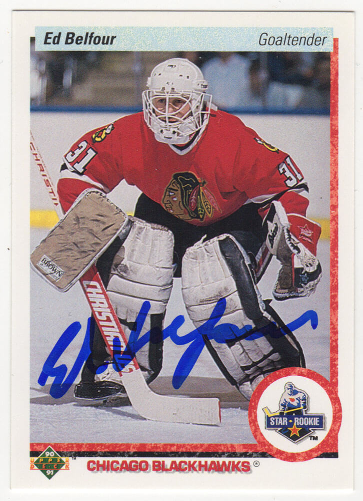 Ed Belfour Signed Blackhawks 1990-91 Upper Deck Hockey Rookie Card #55