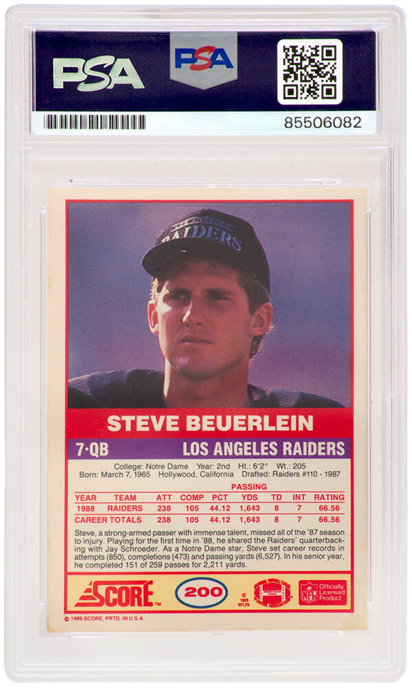 Steve Beuerlein Signed Oakland Raiders 1989 Score Football Rookie Trading Card #20 - (PSA Encapsulated)