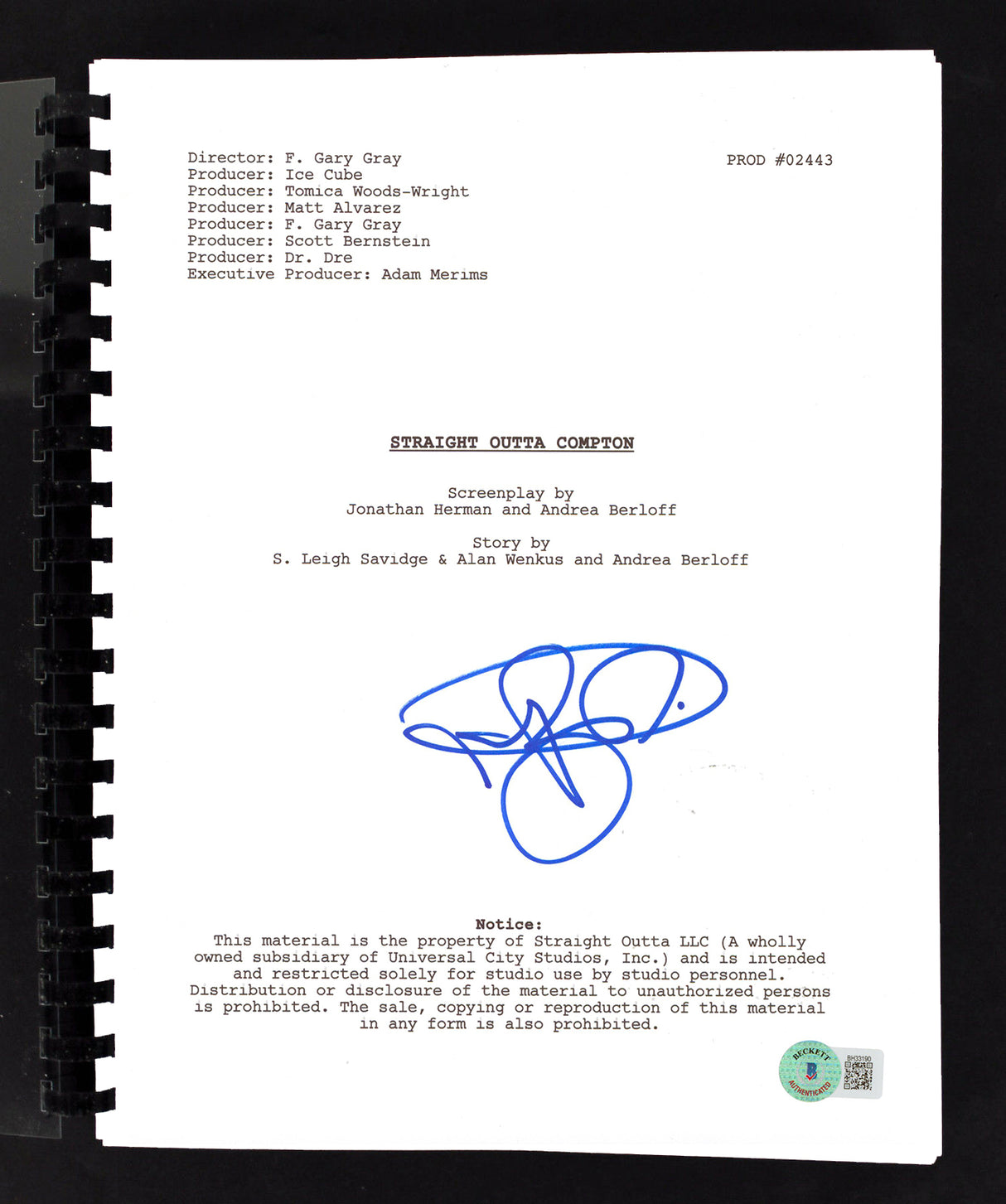 Neil Brown Jr. Straight Outta Compton Authentic Signed Movie Script BAS #BH33190