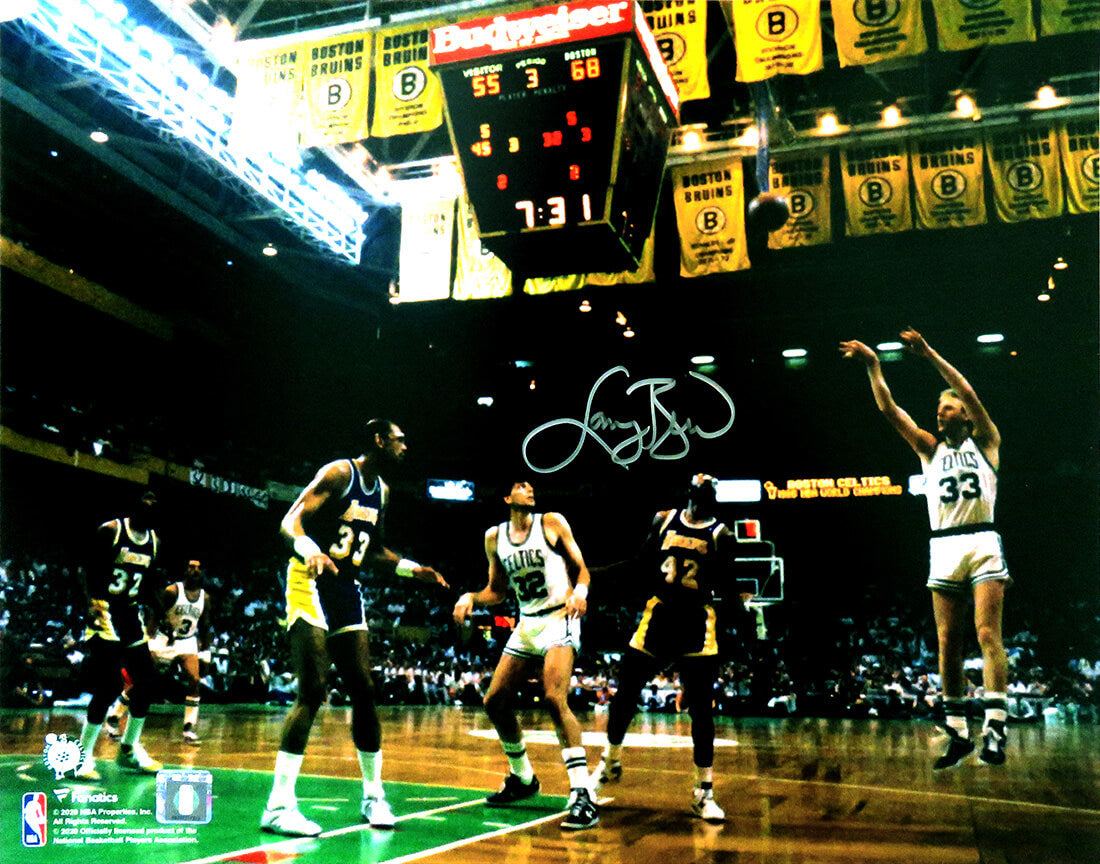 Larry Bird Signed Boston Celtics 3-Pt Shot vs Lakers Action 16x20 Photo