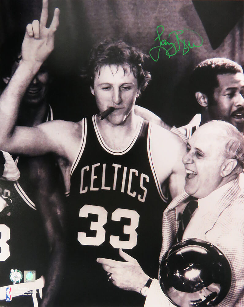 Larry Bird Signed Boston Celtics Cigar Celebration With Red Auerbach B&W 16x20 Photo