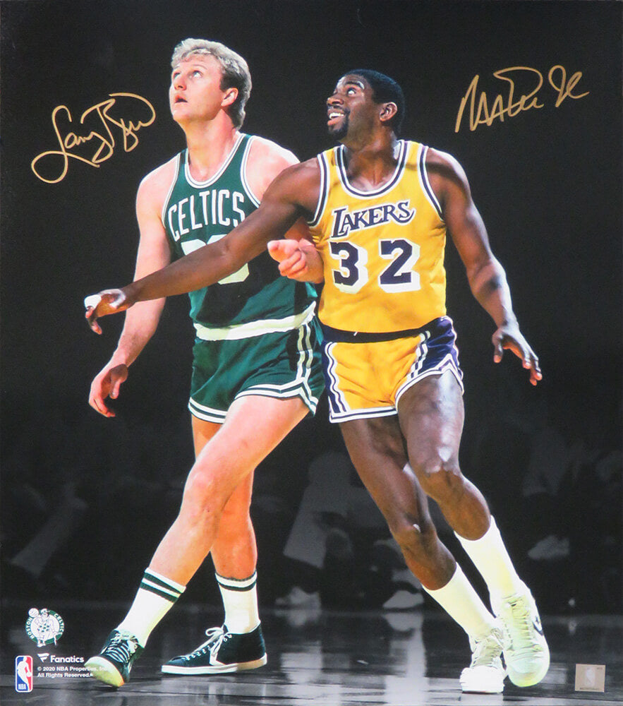 Larry Bird & Magic Johnson Signed Celtics vs Lakers NBA Action Spotlight 16x20 Photo