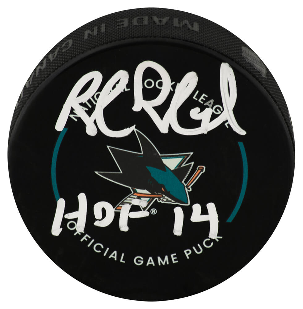 Rob Blake Signed San Jose Sharks Logo Official Hockey Puck w/HOF'14