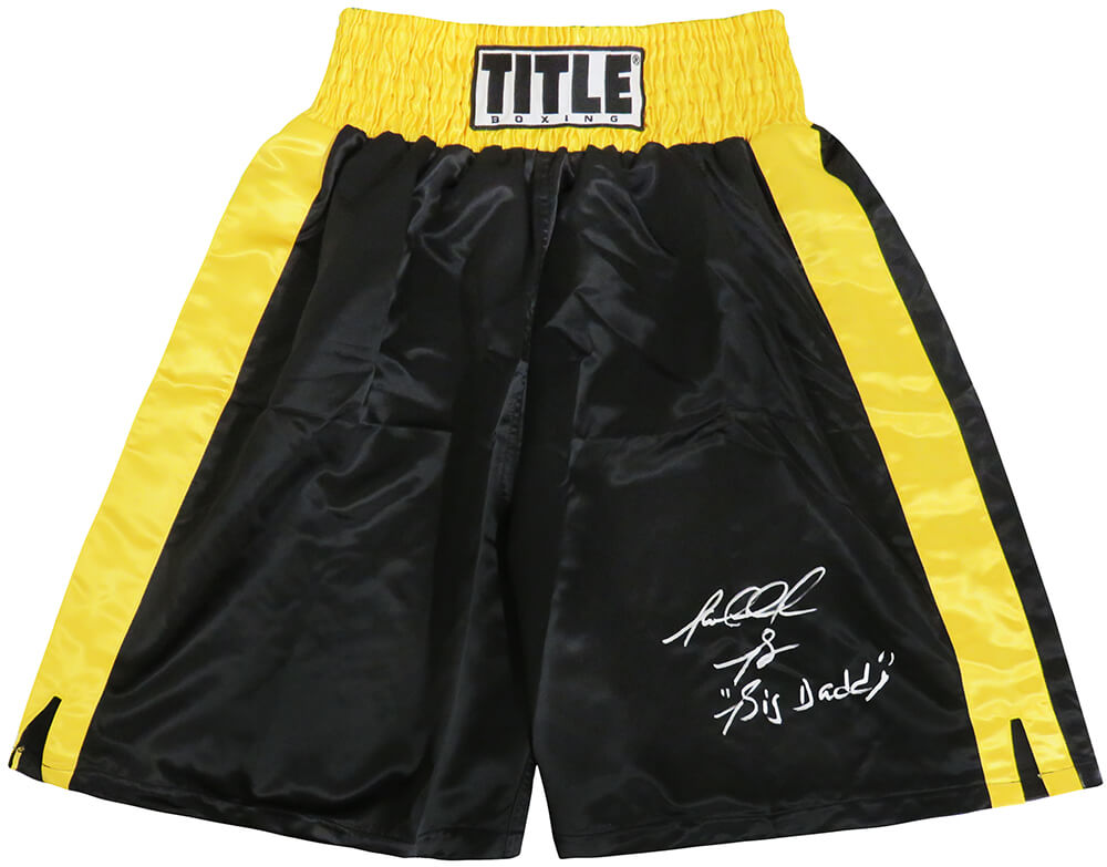 Riddick Bowe Signed Title Balck & Gold Trim Boxing Trunks w/Big Daddy