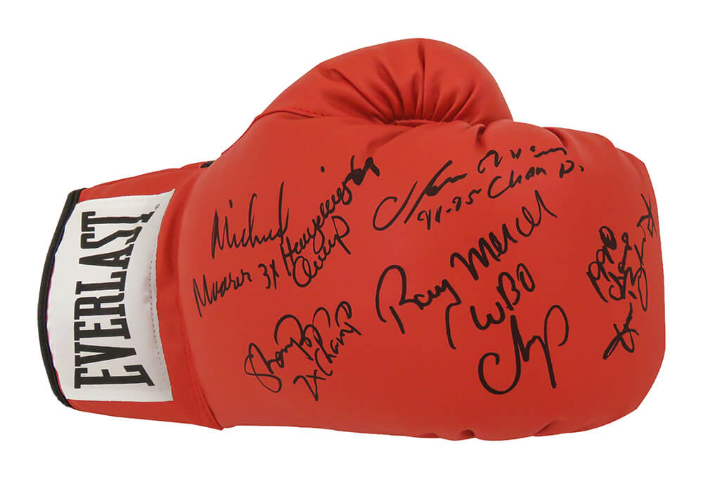 5 Former Boxing Heavyweight Champions Multi Signed Everlast Red Right Hand Boxing Glove w/Champ Inscriptions