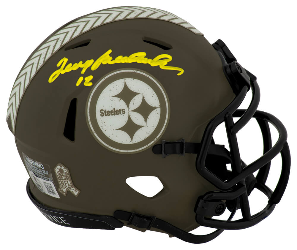 Terry Bradshaw Signed Pittsburgh Steelers Salute to Service Riddell Speed Mini Helmet - (Beckett)