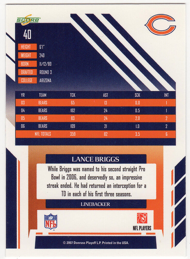Lance Briggs Signed Chicago Bears 2007 Score Football Trading Card #40