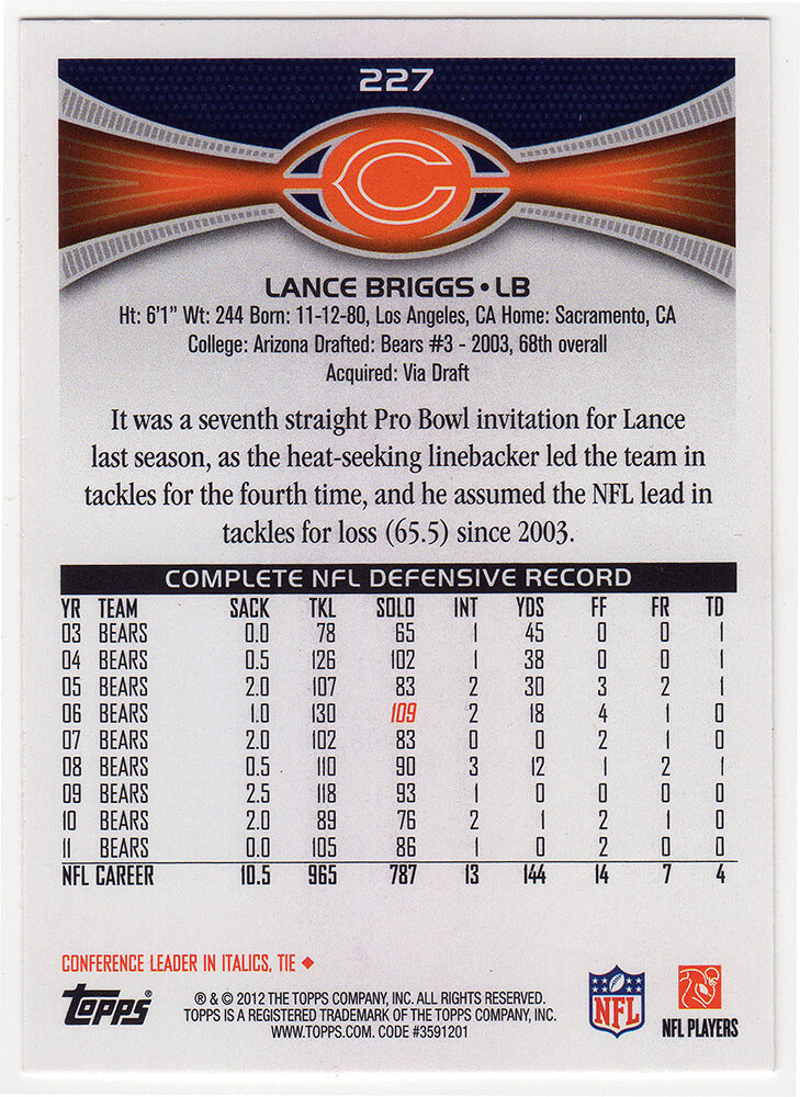 Lance Briggs Signed Chicago Bears 2012 Topps Football Trading Card #227