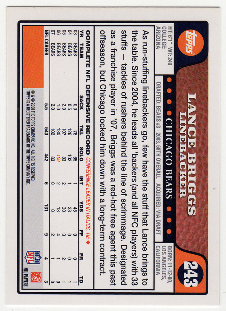Lance Briggs Signed Chicago Bears 2008 Topps Football Trading Card #243