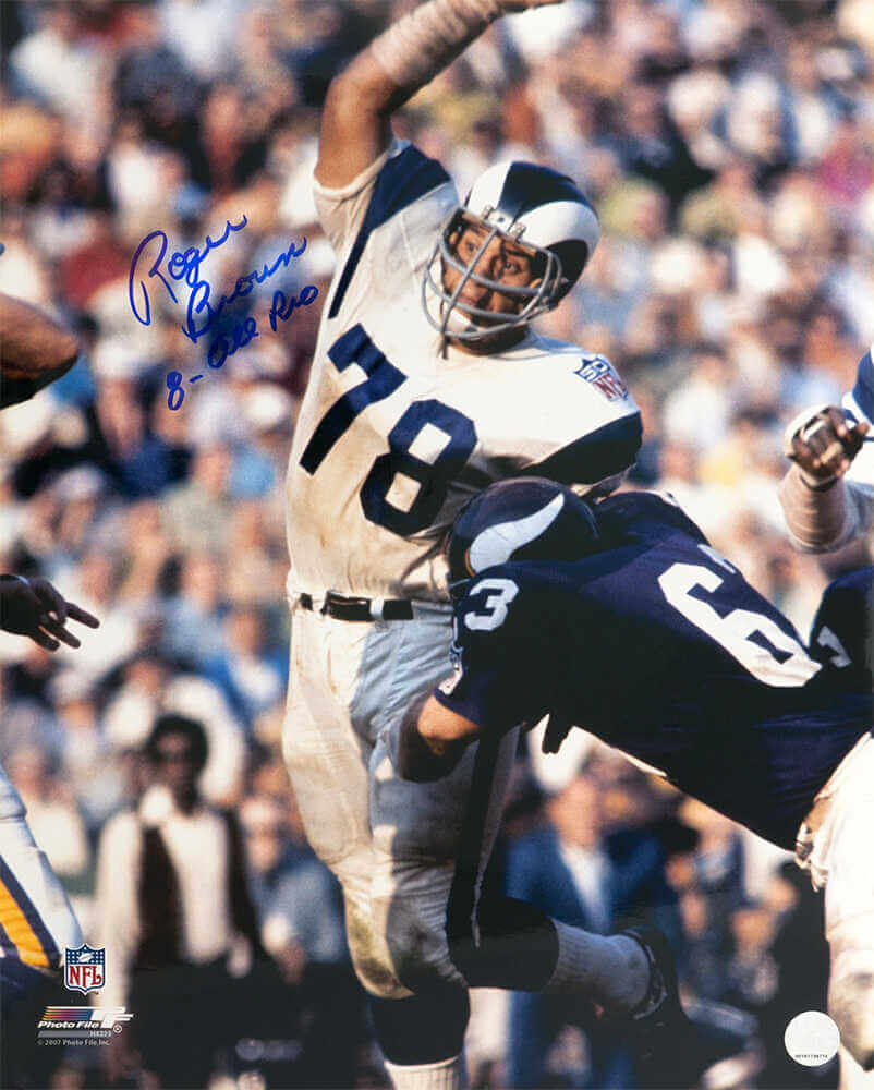 Roger Brown Signed Rams White Jersey Action 16x20 Photo w/8 All Pro