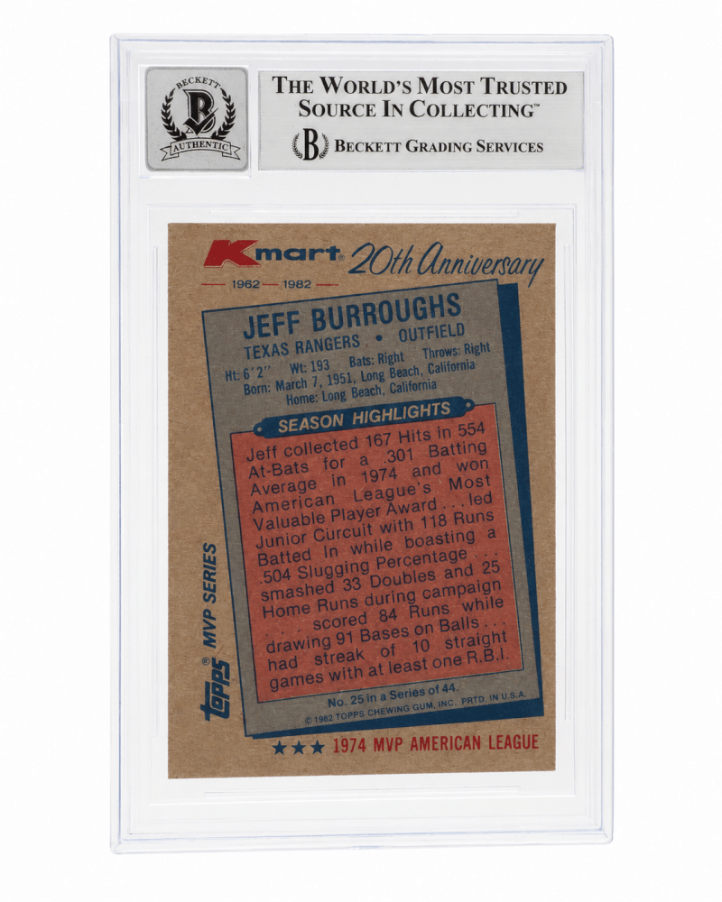 Jeff Burroughs Signed Rangers 1982 Topps Kmart Baseball Trading Card #25 - (Beckett - Auto Sticker - Grade 10)