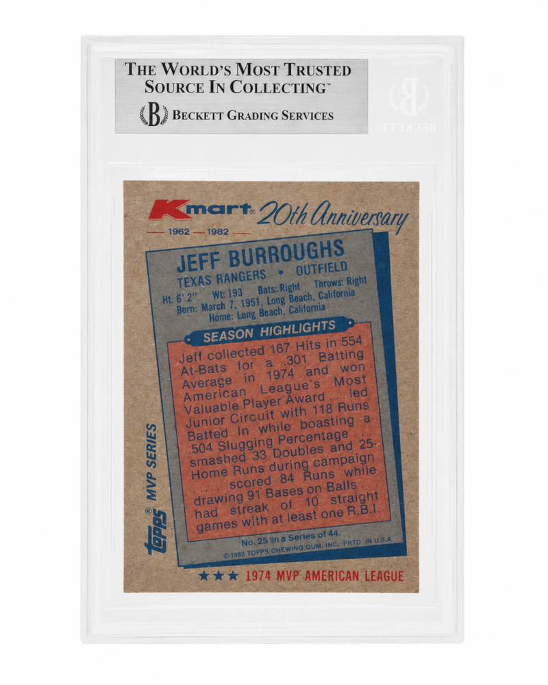Jeff Burroughs Signed Rangers 1982 Topps Kmart Baseball Trading Card #25 - (Beckett - Auto Sticker)