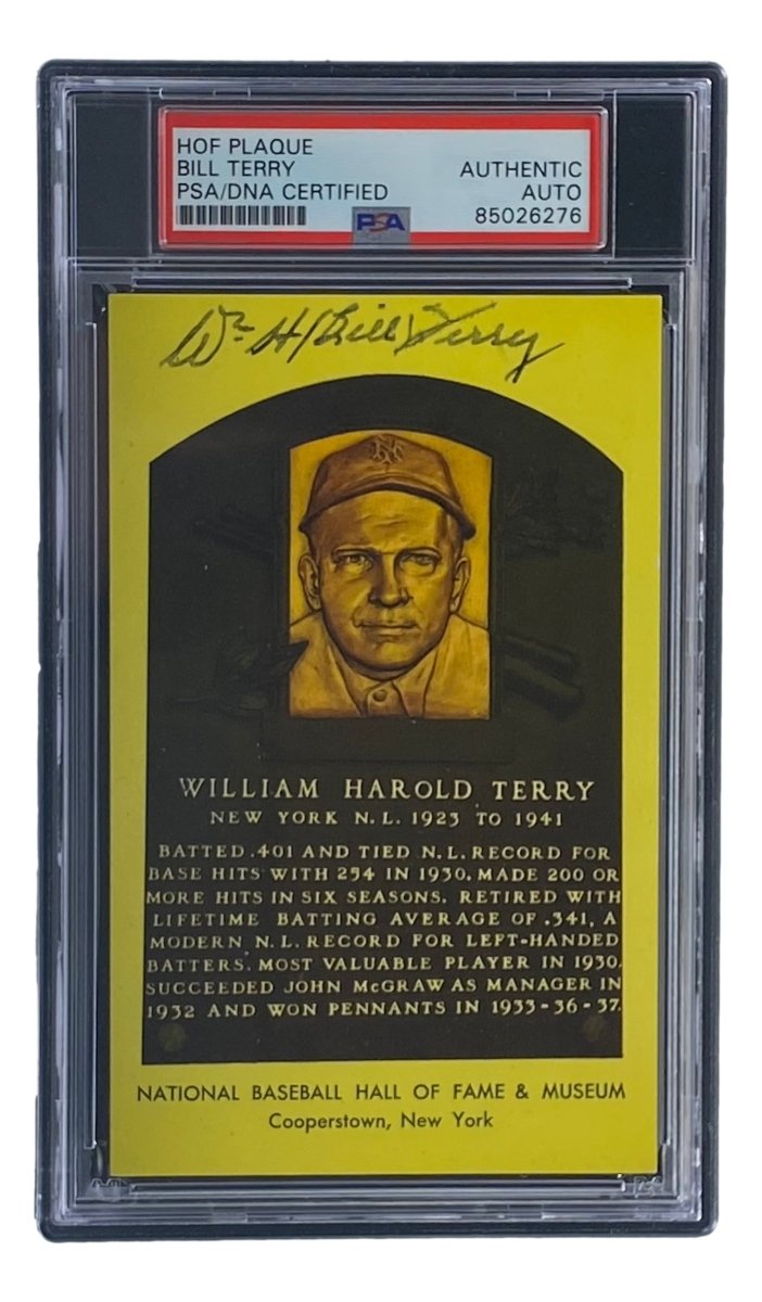 Bill Terry Signed 4x6 New York Giants Hall Of Fame Plaque Card PSA/DNA 85026276 - Sports Integrity
