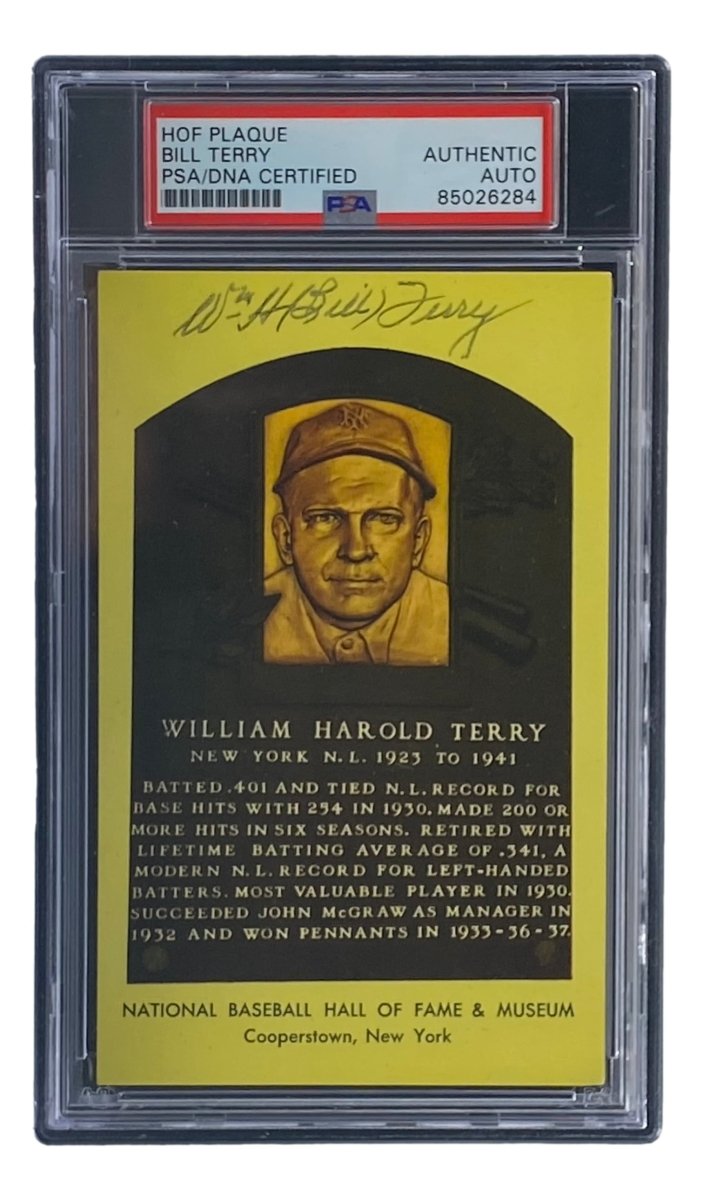 Bill Terry Signed 4x6 New York Giants Hall Of Fame Plaque Card PSA/DNA 85026284 - Sports Integrity