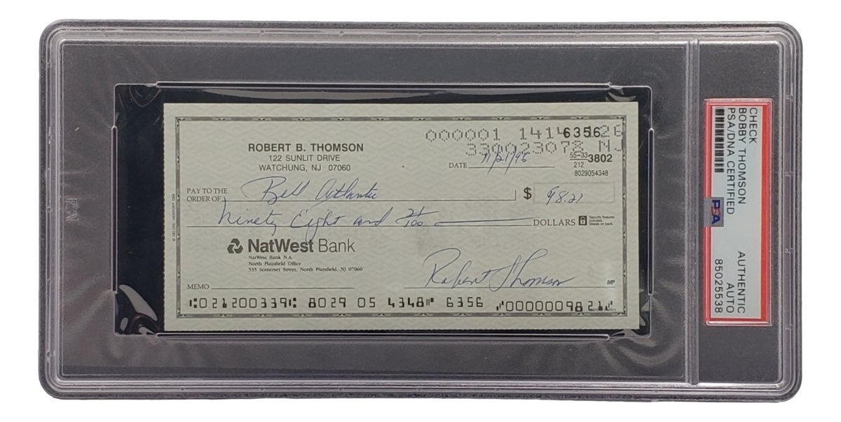 Bobby Thomson New York Giants Signed Bank Check PSA/DNA 85025538 - Sports Integrity