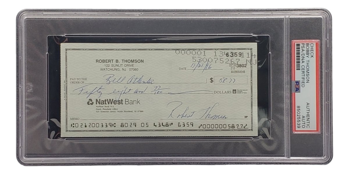 Bobby Thomson New York Giants Signed Bank Check PSA/DNA 85025539 - Sports Integrity