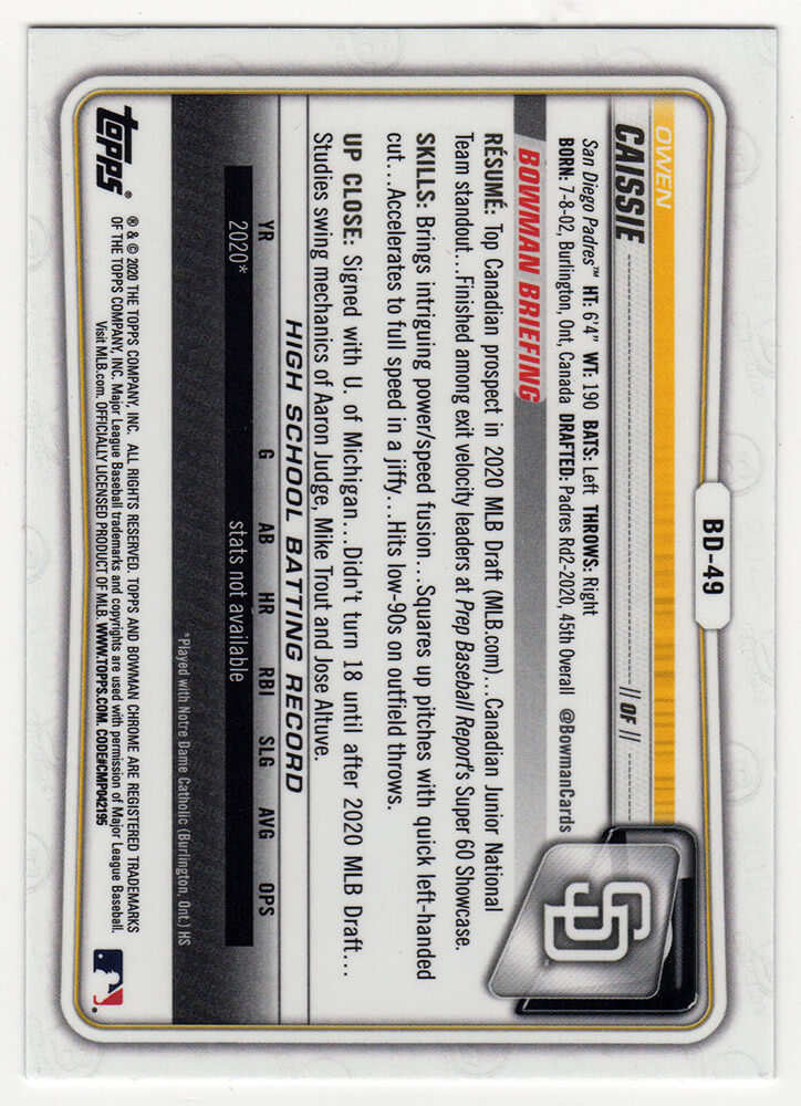 Owen Caissie Signed Chicago Cubs 2020 Bowman Draft Chrome Baseball Trading Card #BD-49
