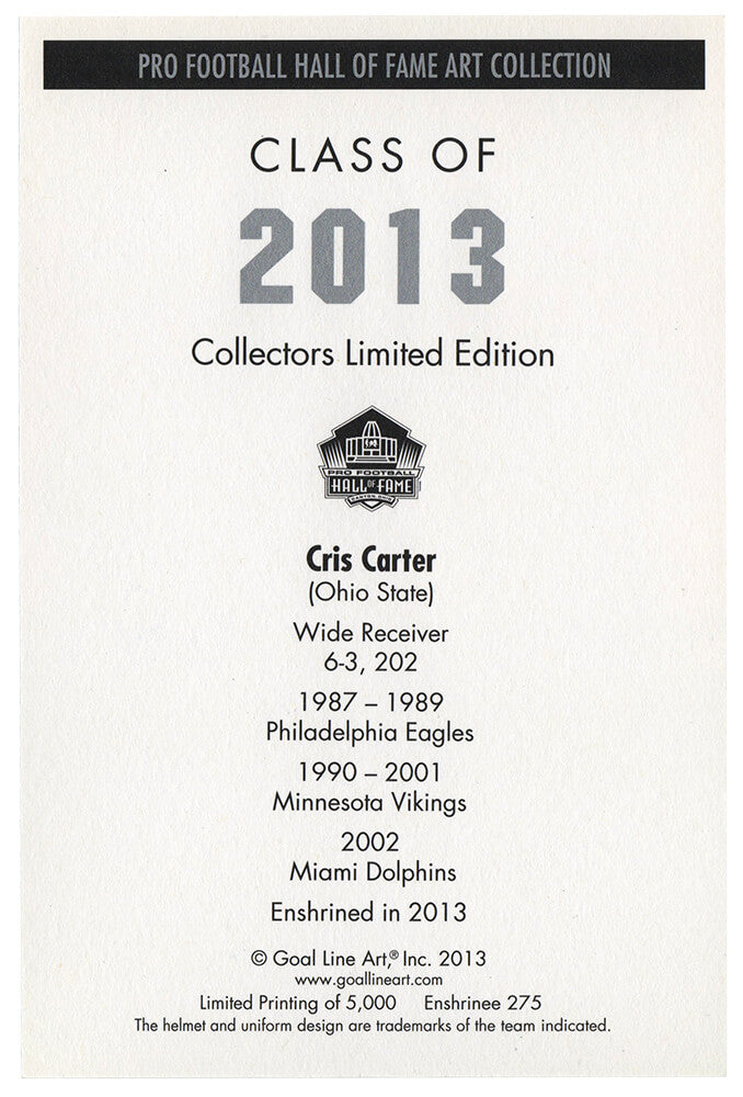 Cris Carter Signed Minnesota Vikings Hall of Fame Goal Line Art Card