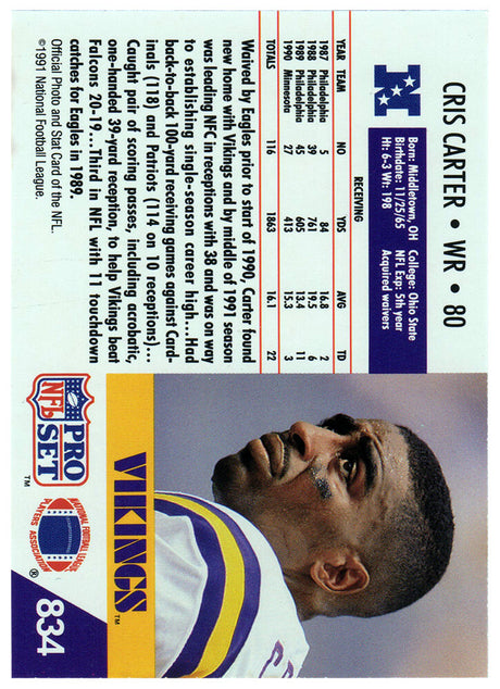 Cris Carter Signed Minnesota Vikings 1991 Pro Set Football Trading Card #834