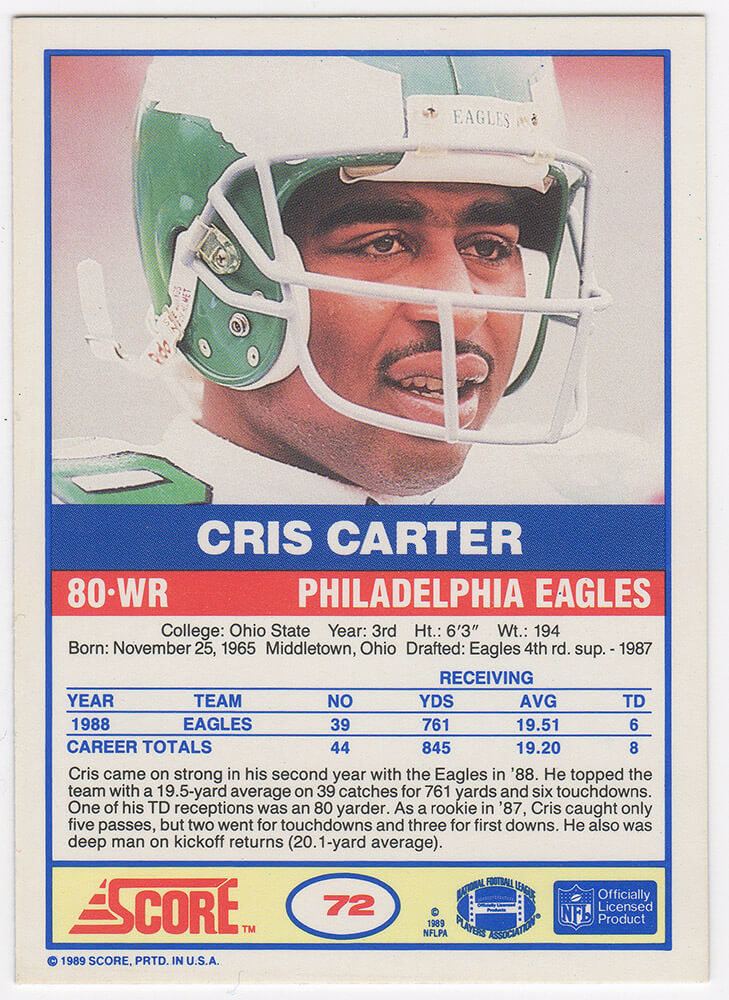 Cris Carter Signed 1989 Score Football Rookie Card #72 w/All I Do Is Catch TD's