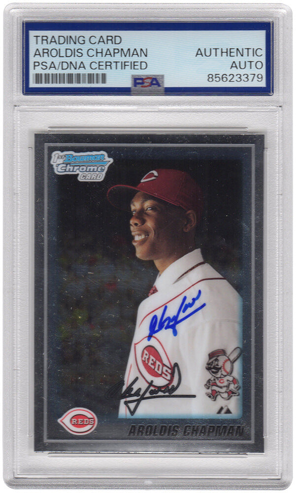 Aroldis Chapman Signed Reds 2010 Bowman Chrome Prospects Rookie Baseball Card #BCP10 - (PSA Encapsulated)