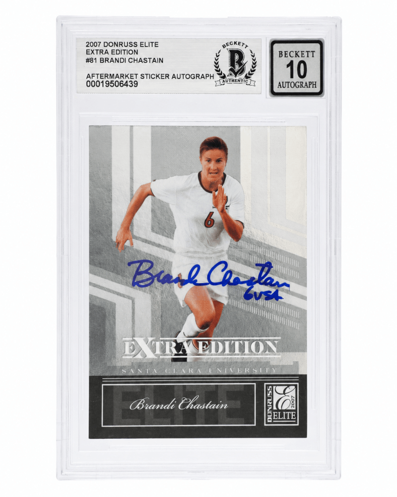 Brandi Chastain Signed 2007 Donruss Elite Soccer Trading Card #81 w/USA - (Beckett - Auto Sticker - Grade 10)