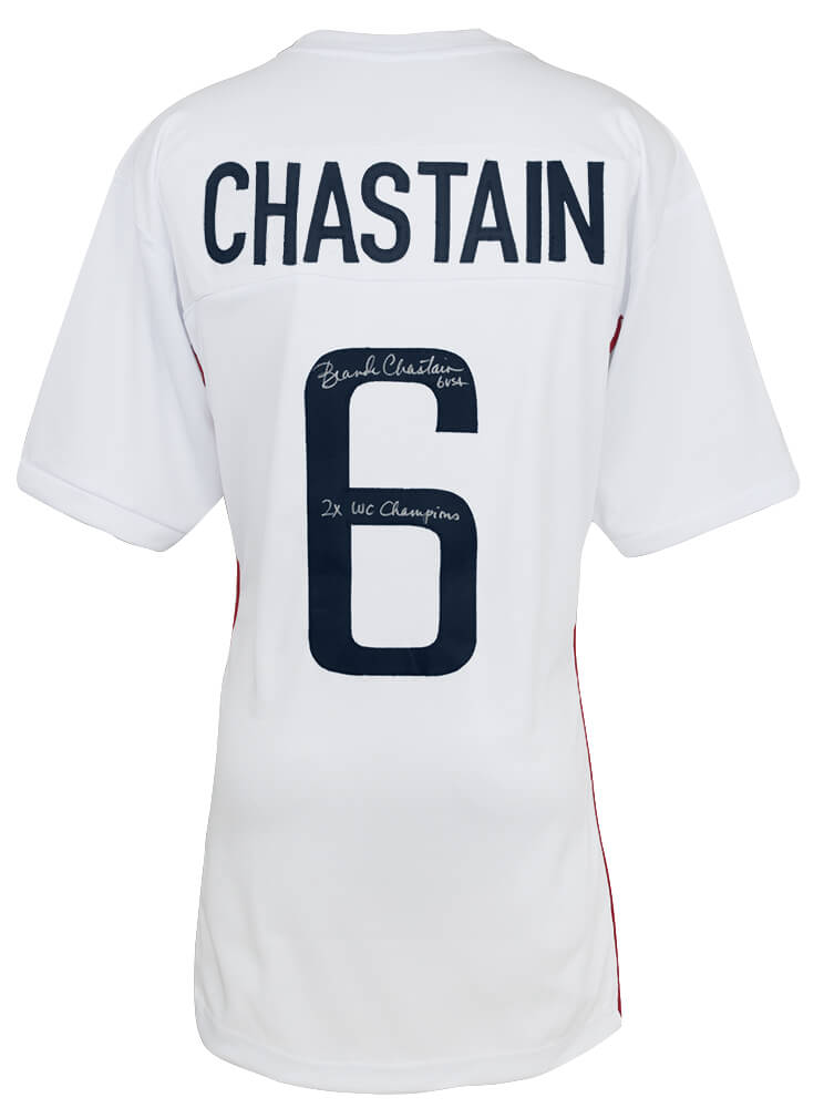 Brandi Chastain Signed White Custom Soccer Jersey w/2x WC Champs