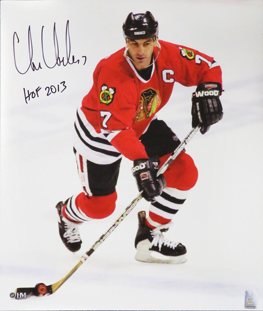 Chris Chelios Signed Chicago Blackhawks With Puck Action 16x20 Photo w/HOF 2013
