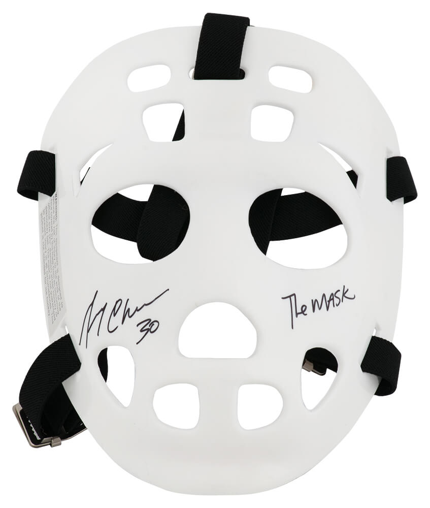 Gerry Cheevers Signed White Throwback Goalie Mask With Black Straps w/The Mask
