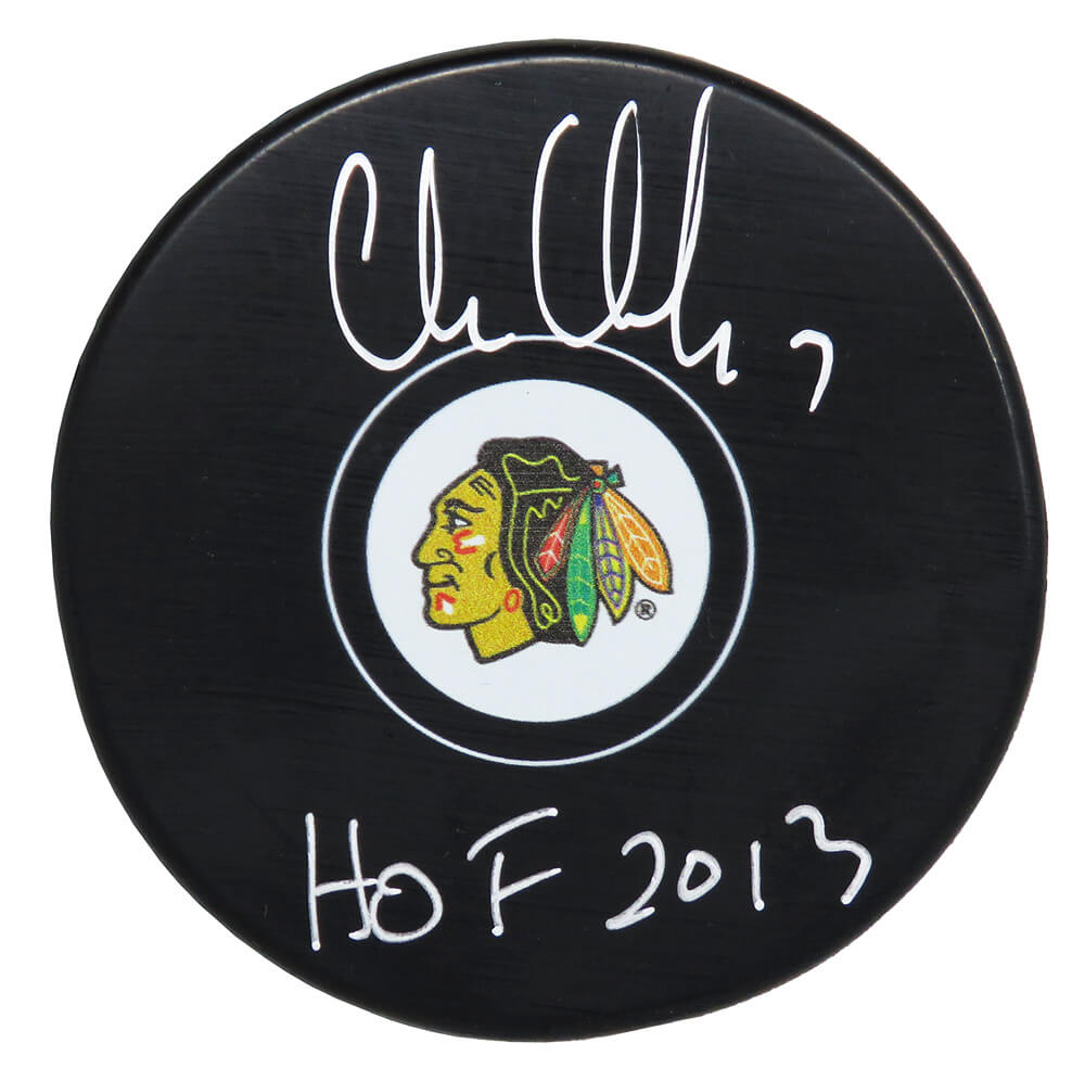 Chris Chelios Signed Blackhawks Logo Hockey Puck w/HOF 2013