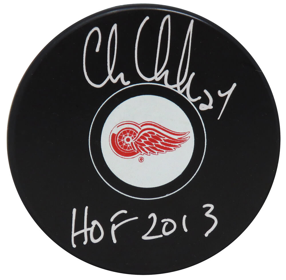 Chris Chelios Signed Red Wings Logo Hockey Puck w/HOF 2013
