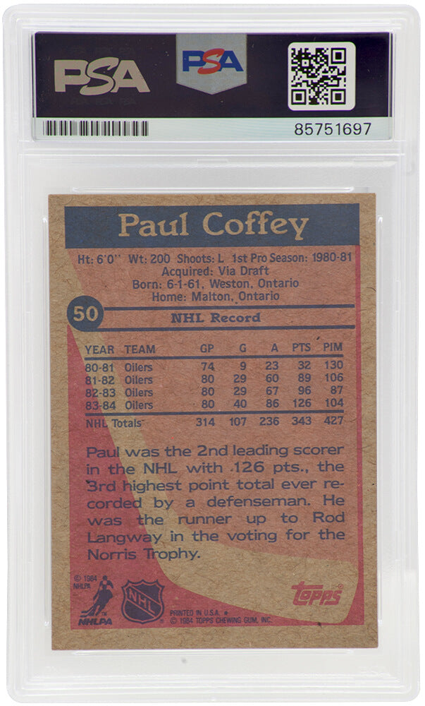 Paul Coffey Signed Edmonton Oilers 1984 Topps Rookie Hockey Card #50 - (PSA Encapsulated)