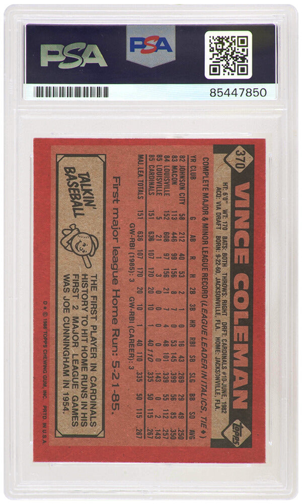 Vince Coleman Signed Cardinals 1986 Topps Baseball Trading Card #370 - (PSA Encapsulated)