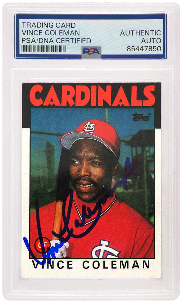 Vince Coleman Signed Cardinals 1986 Topps Baseball Trading Card #370 - (PSA Encapsulated)