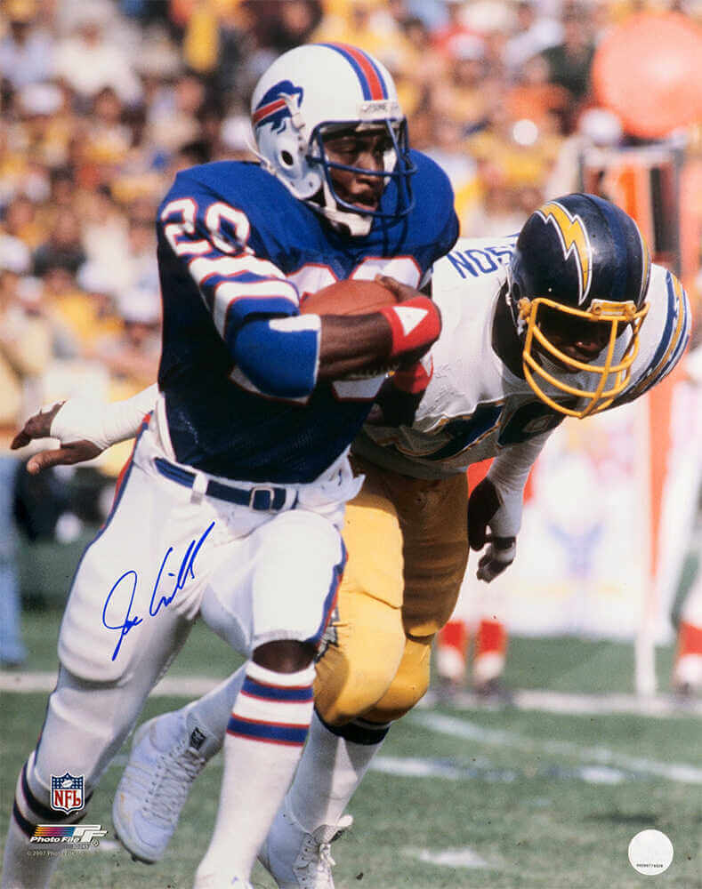 Joe Cribbs Signed Buffalo Bills Blue Jersey Running With Football 16x20 Photo