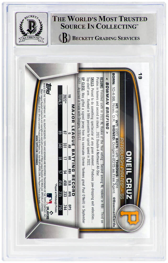 Oneil Cruz Signed Pittsburgh Pirates 2023 Bowman Baseball Card #19 - (Beckett / Auto Grade 10)