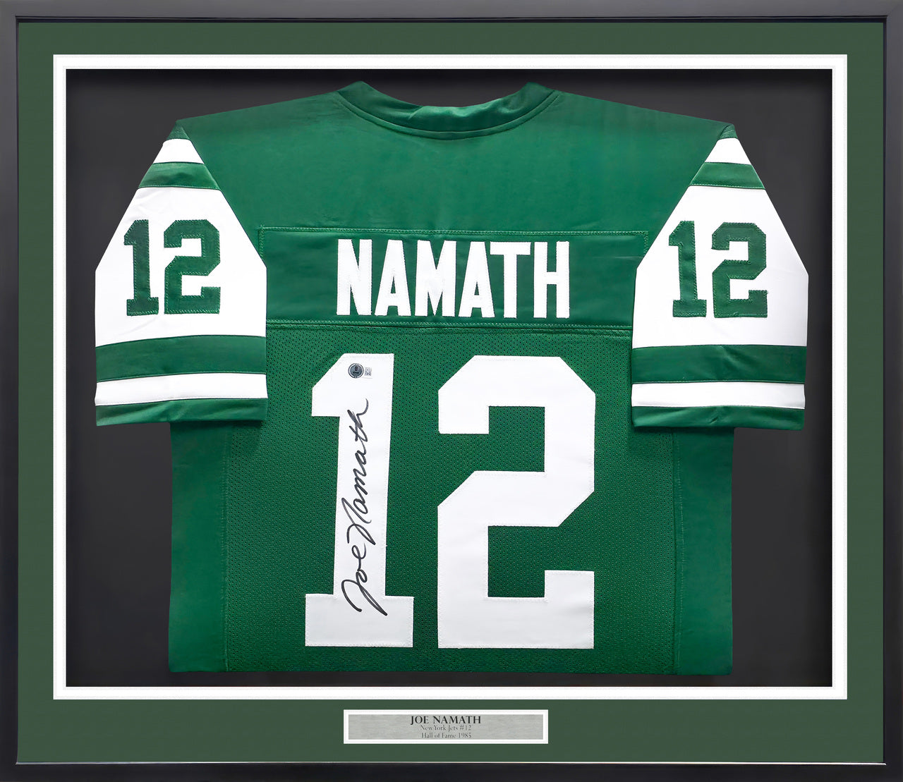 New York Jets Joe Namath Autographed Framed Green Jersey Beckett BAS Witness Stock #238539