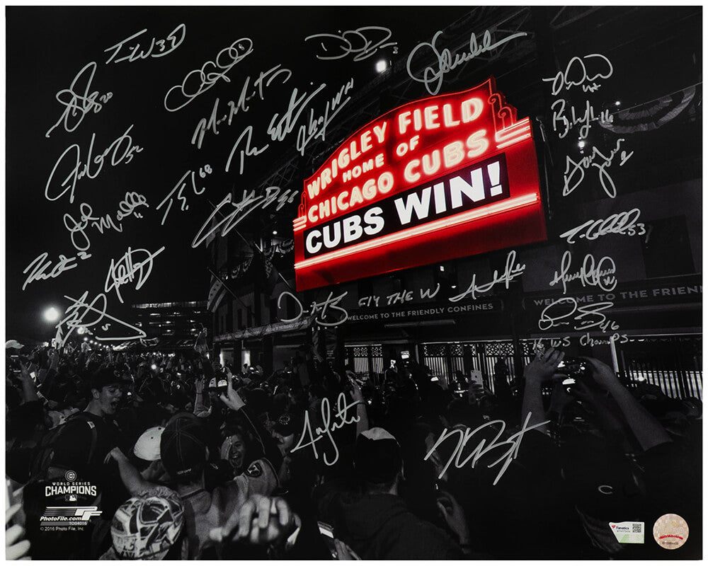 2016 Chicago Cubs Team Signed 2016 World Series Wrigley Field Marquee Spotlight 16x20 Photo (25 Sigs)