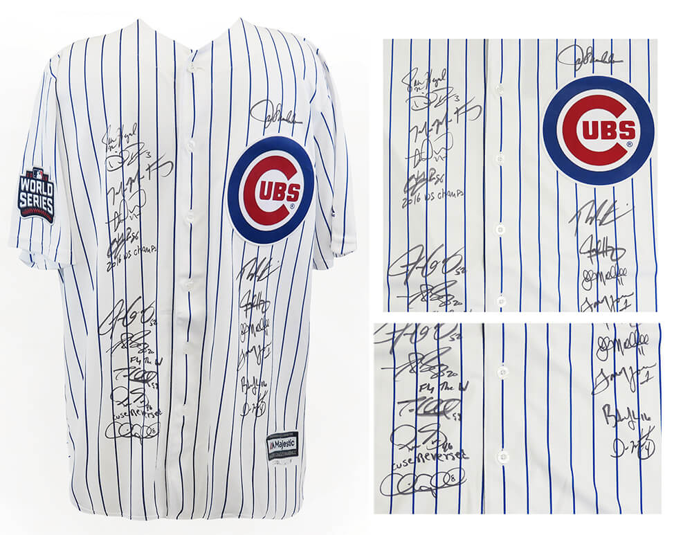 2016 Chicago Cubs Team Signed Chicago Cubs Joe Maddon 2016 WS Patch White Pinstripe Majestic Jersey (17 Sigs)