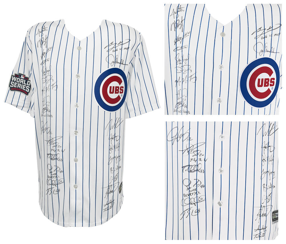 2016 Chicago Cubs Team Signed Cubs Joe Maddon 2016 WS Patch White Pinstripe Majestic Jersey w/WS MVP (26 Sigs)