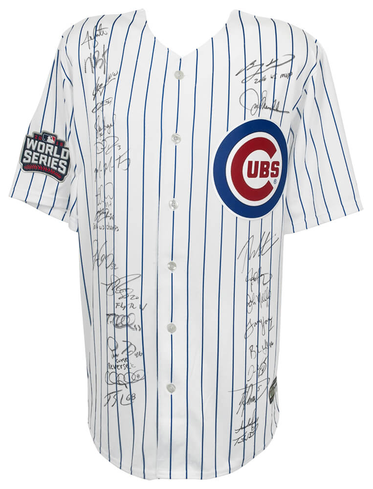 2016 Chicago Cubs Team Signed Cubs Joe Maddon 2016 WS Patch White Pinstripe Majestic Jersey w/WS MVP (26 Sigs)