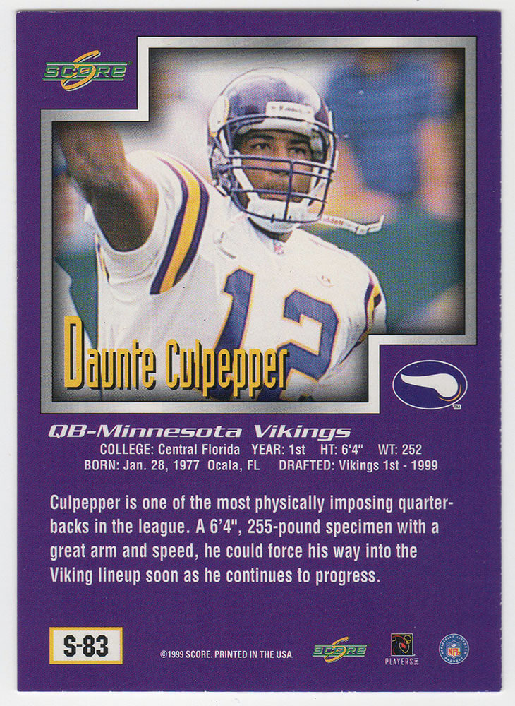 Daunte Culpepper Signed Vikings 1999 Score Supplemental Rookie Football Card #S83