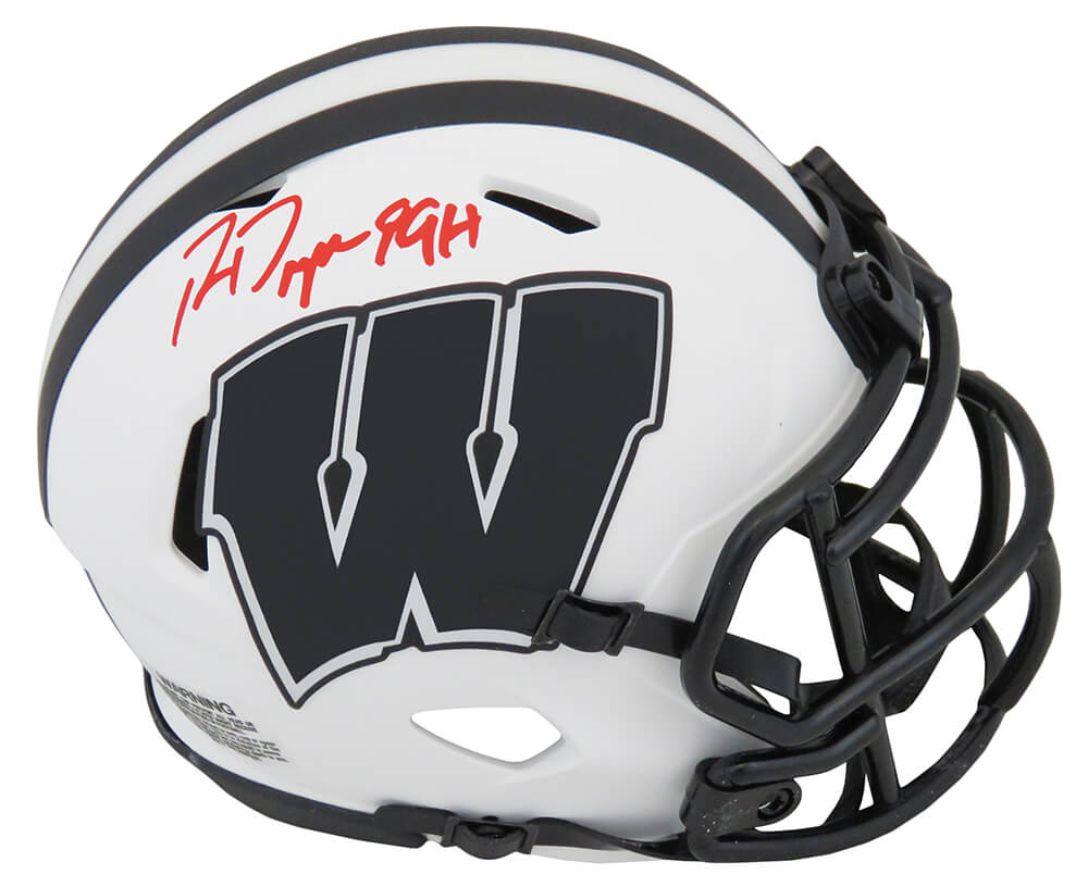 Ron Dayne Signed Wisconsin Badgers Lunar Eclipse White Matte Riddell Speed Mini Helmet w/99H - (In Red)