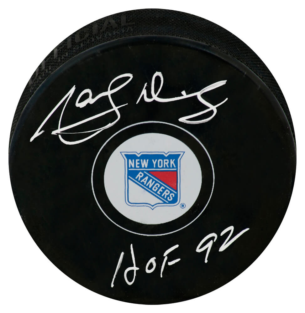 Marcel Dionne Signed New York Rangers Logo Hockey Puck w/HOF'92