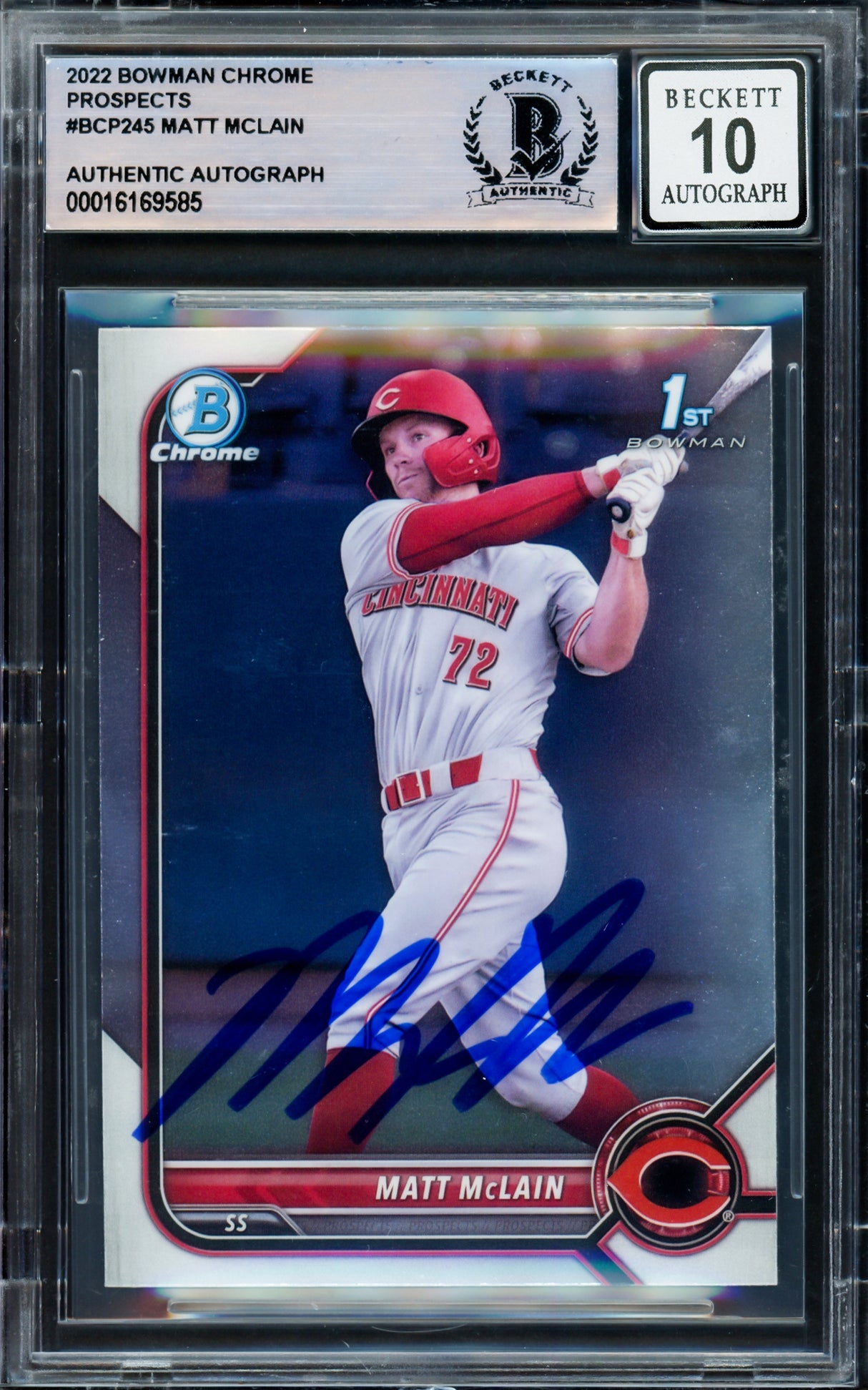 Matt McLain Autographed 2022 1st Bowman Chrome Rookie Card #BCP245 Cincinnati Reds Auto Grade Gem Mint 10 Beckett BAS Stock #220735