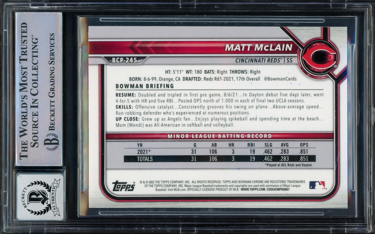 Matt McLain Autographed 2022 1st Bowman Chrome Rookie Card #BCP245 Cincinnati Reds Auto Grade Gem Mint 10 Beckett BAS Stock #220735
