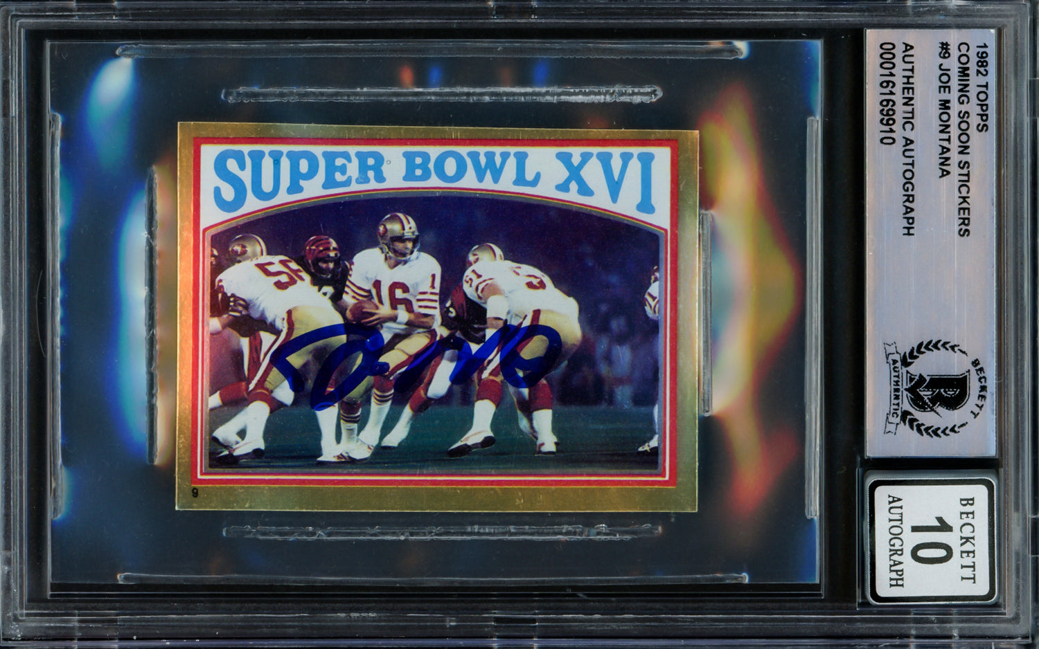 Joe Montana Autographed 1982 Topps Coming Soon Stickers Card #9 San Francisco 49ers Auto Grade Gem Mint 10 Beckett BAS Stock #220744