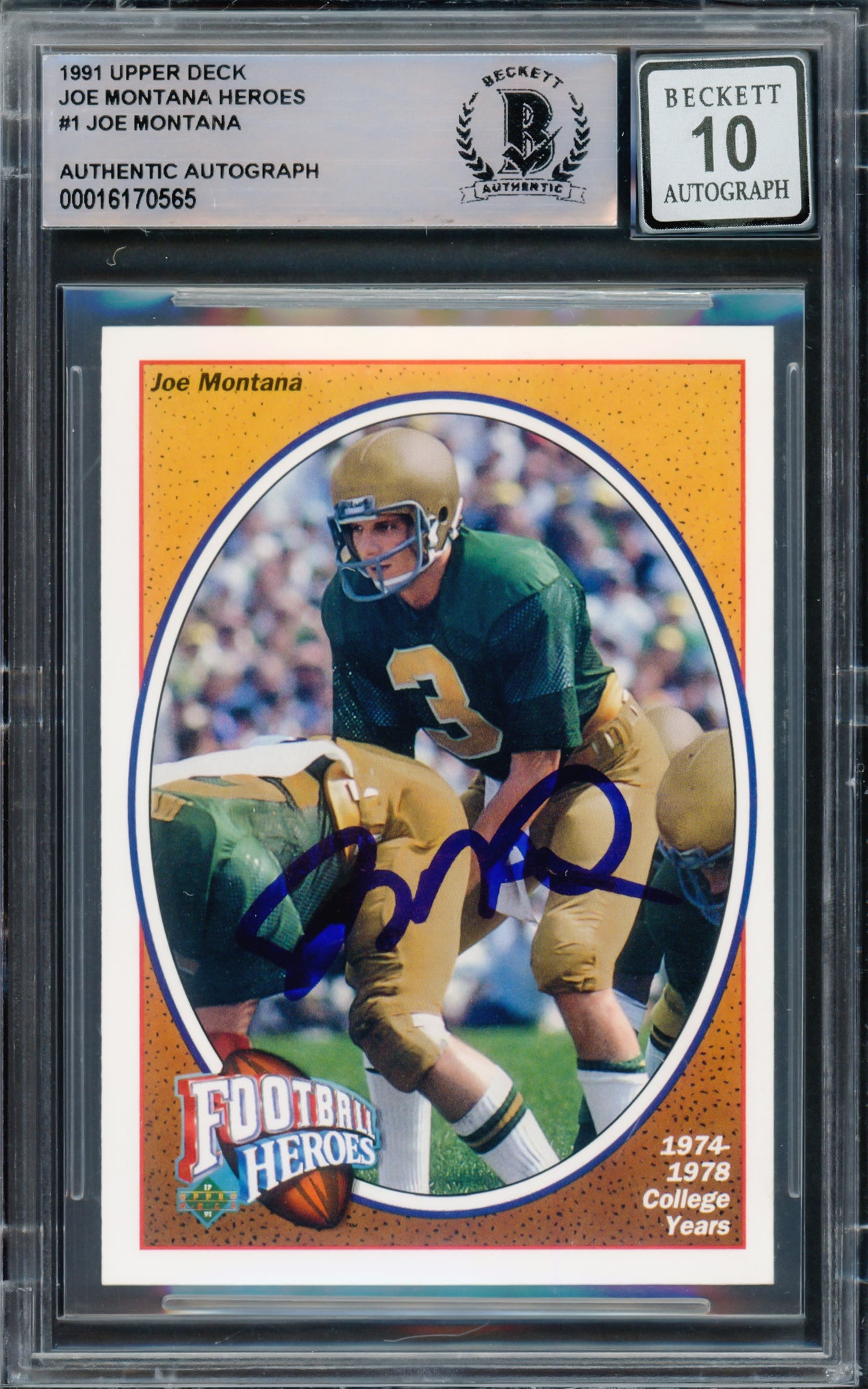 Joe Montana Autographed 1991 Upper Deck Heroes Card #1 San Francisco 49ers Auto Grade Gem Mint 10 Beckett BAS Stock #220755