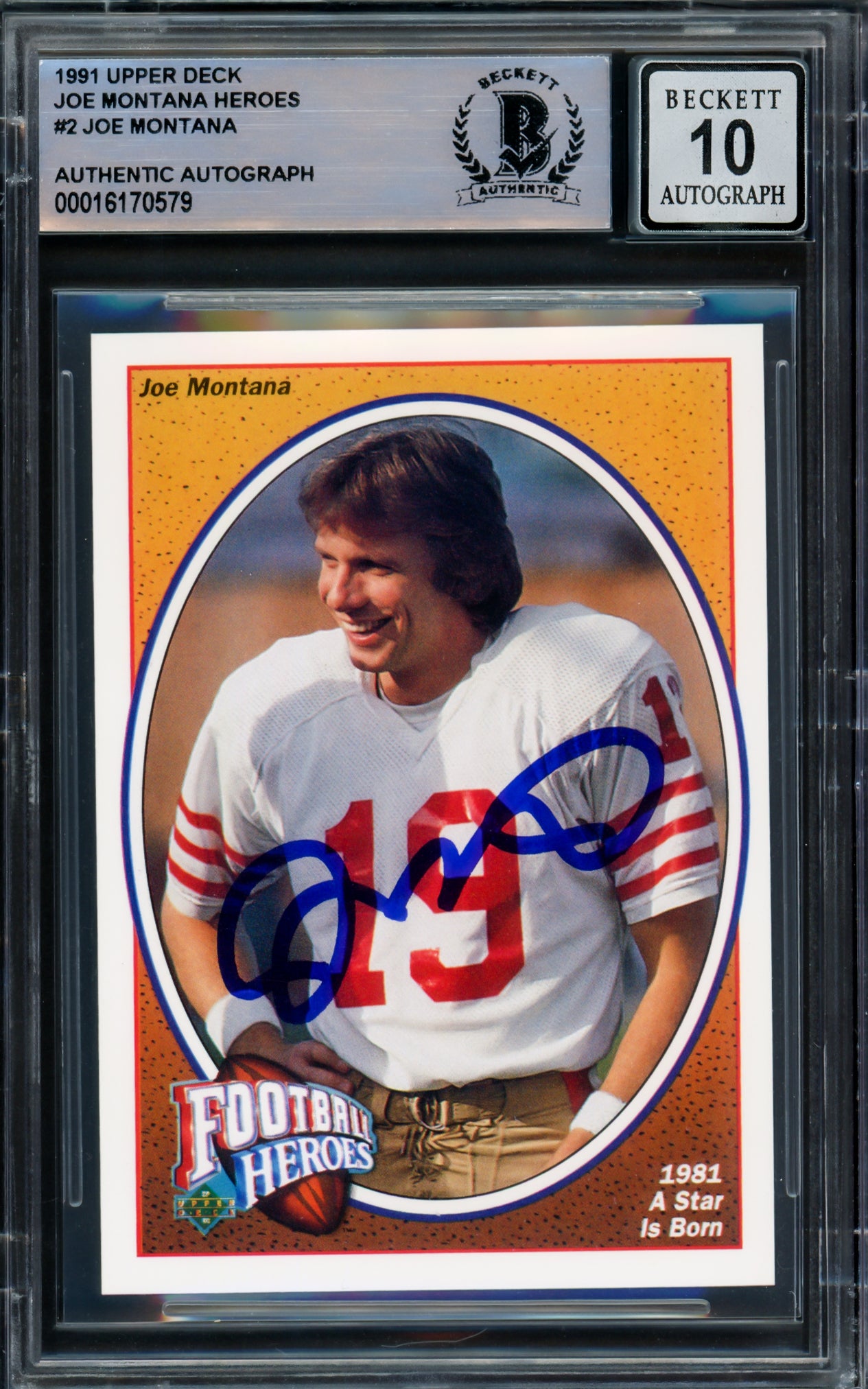Joe Montana Autographed 1991 Upper Deck Heroes Card #2 San Francisco 49ers Auto Grade Gem Mint 10 Beckett BAS Stock #220756